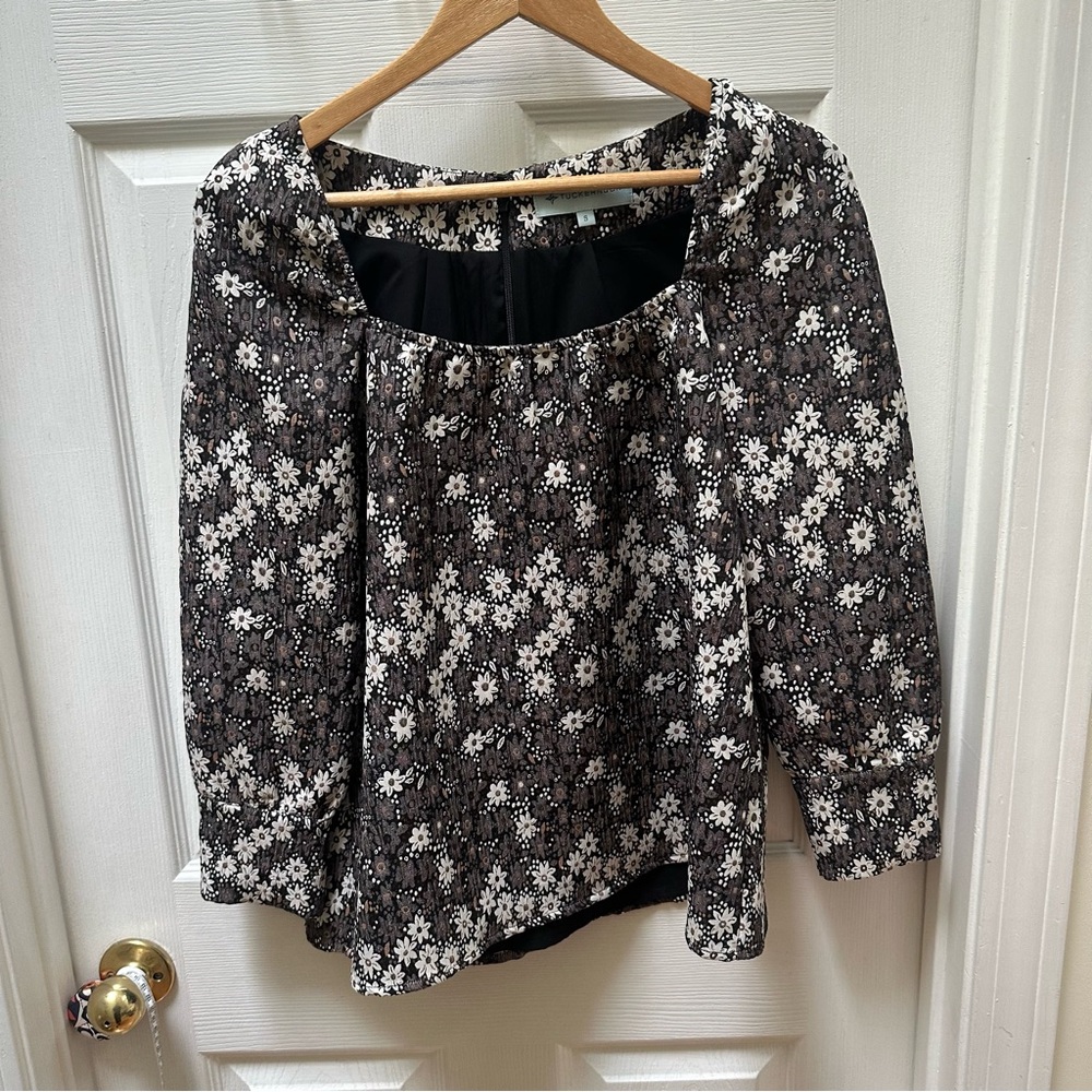 Tuckernuck Black White Floral Blouse Fern Jacquard Top S Small